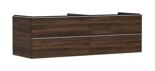 Waschtischunterschrank in dunkler Holzoptik mit vier Schubladen, geeignet für einen Aufsatzwaschtisch. Marke: Hansgrohe.